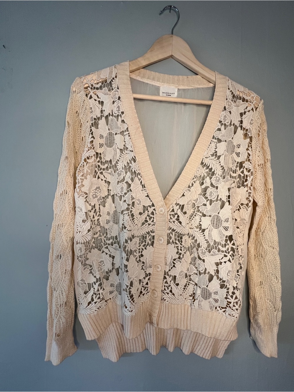 Openwork Lace and Sheer back V-Neck Cardigan Sweater - Cream